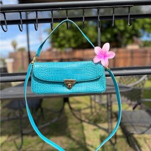 Othr Turquoise Croc-Embossed Shoulder Bag with Gold Hardware